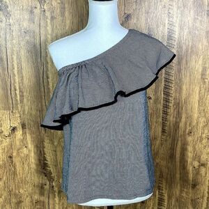 LOFT Micro-stripe One Shoulder Ruffle Top, size XS, black/white
